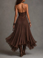 Dark Brown Lace-Paneled Chiffon Maxi Dress Flowering Girl