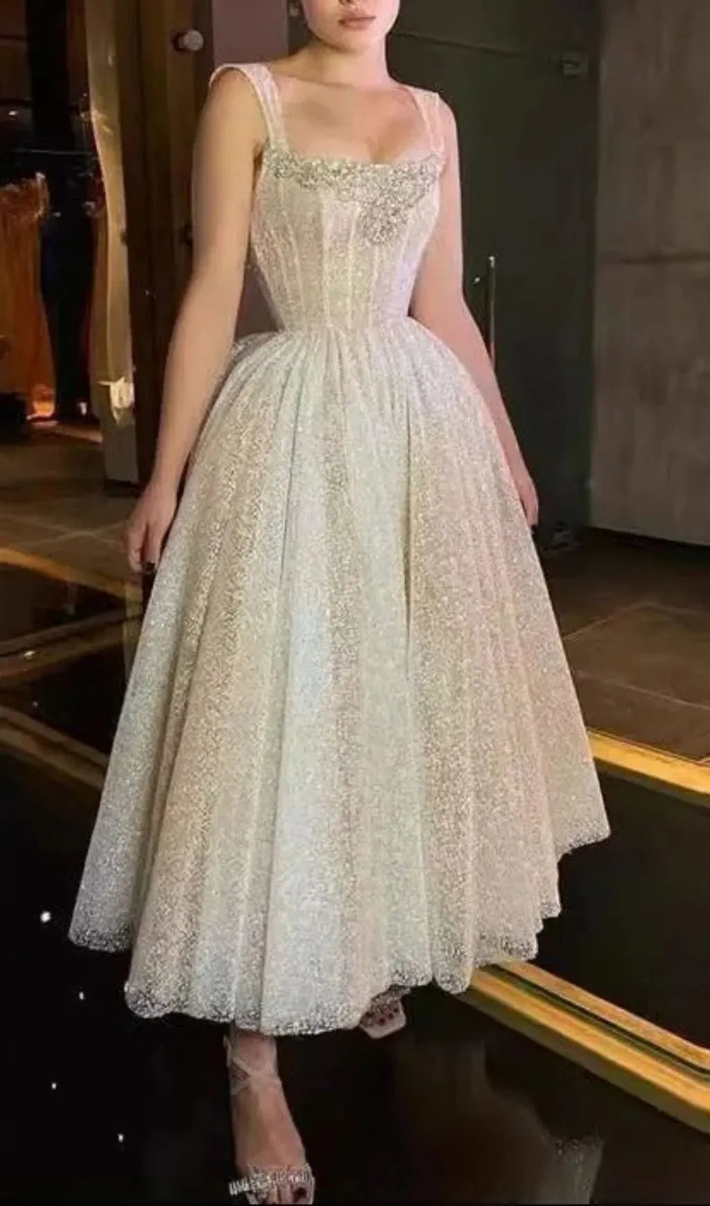 Square Neck Rhinestone Sequin Puffy Midi Dress Flowering Girl