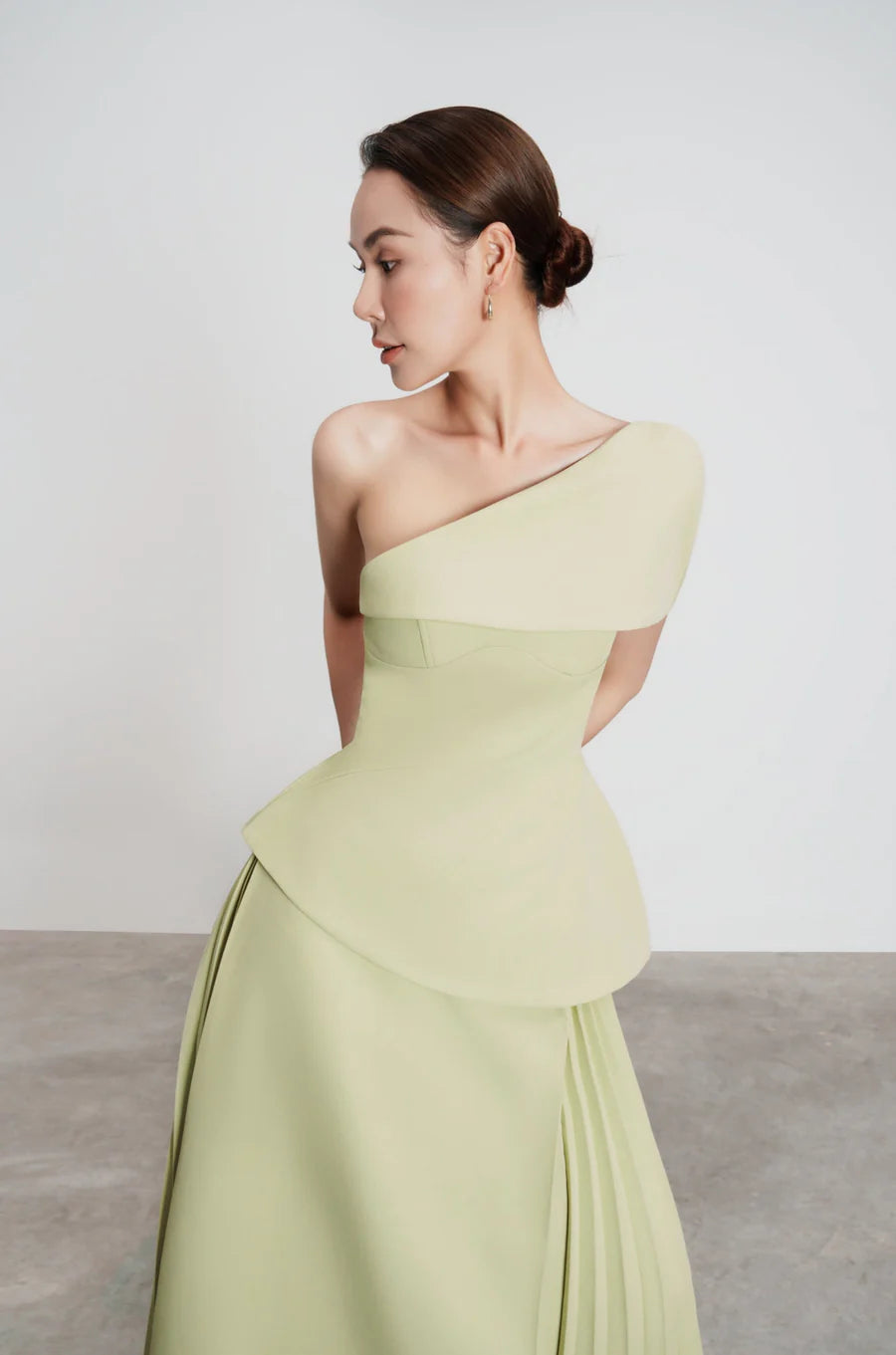 One Shoulder Top Flare Midi Skirt Suit In Olive Green Flowering Girl