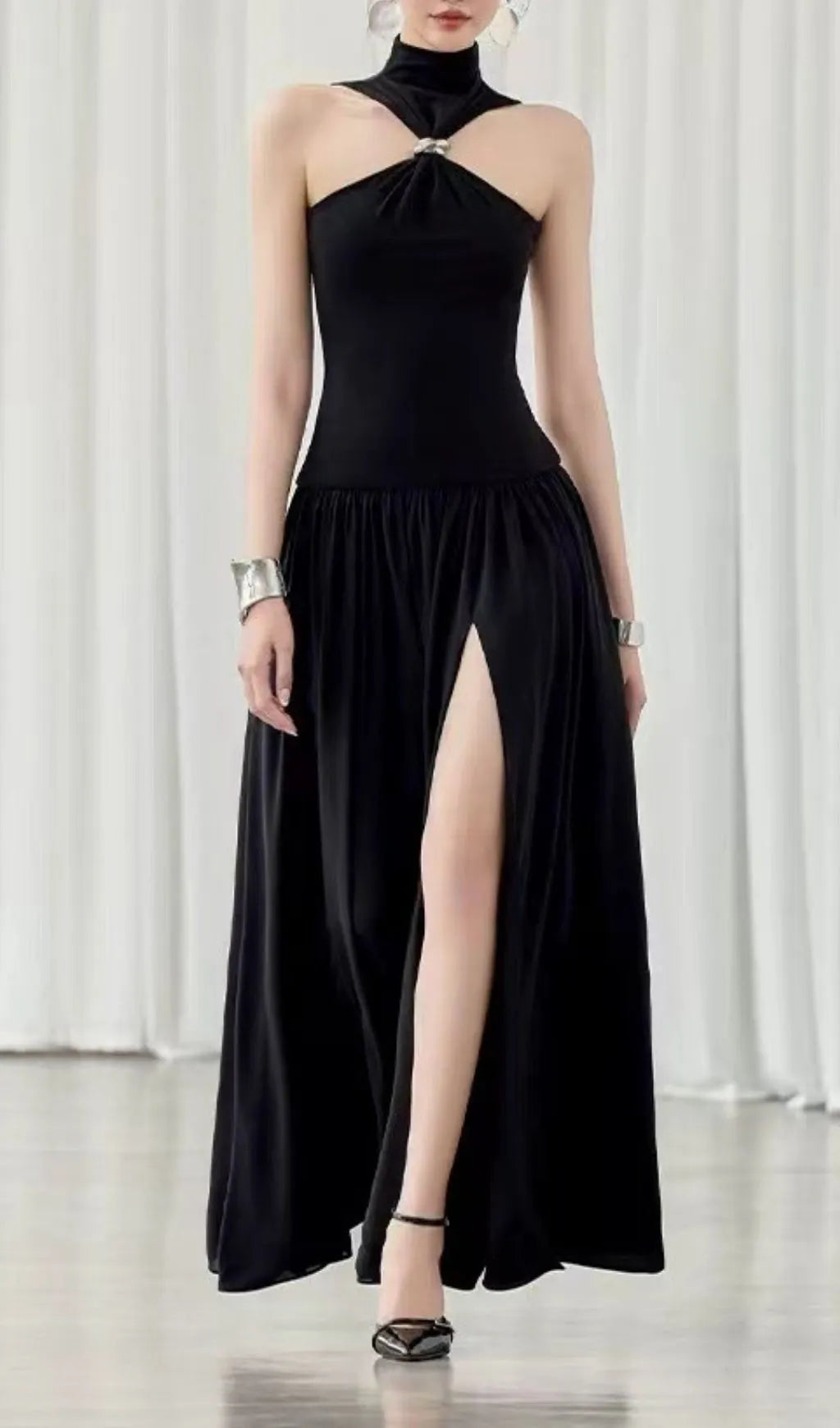 Kelley Black Halter Slit Maxi Dress Flowering Girl