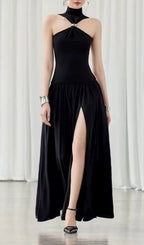 Kelley Black Halter Slit Maxi Dress Flowering Girl