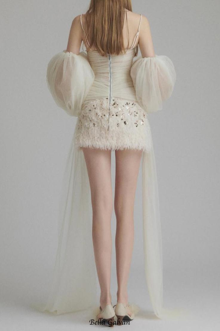 Sequined embellished organza mini dress in white Flowering Girl