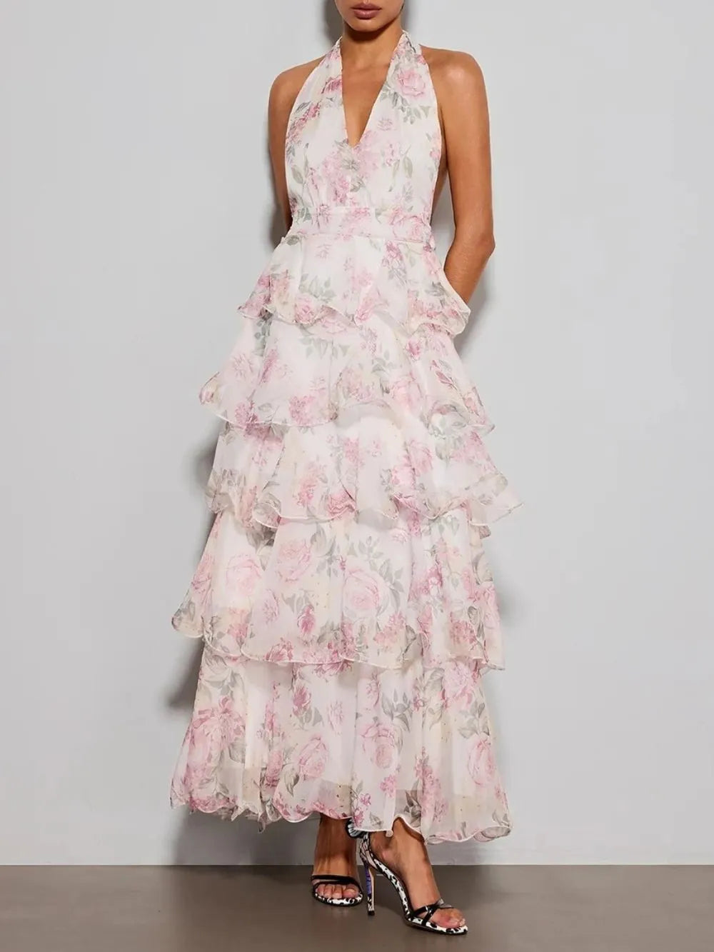 Errin Halterneck Ruffle Tiered Floral Maxi Dress Flowering Girl
