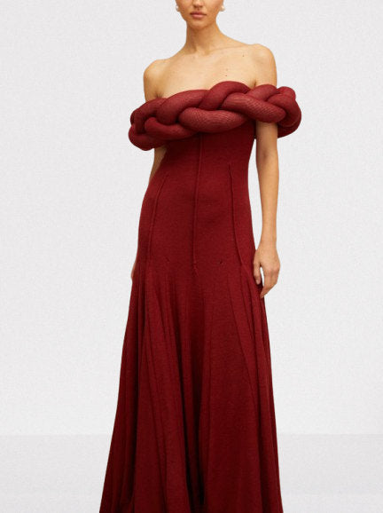 Padded Braided Off-Shoulder Maxi Dress in burgundy Flowering Girl