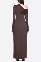 Sibyl Asymmetric Off-Shoulder Draping Slit Maxi Dress In Brown Flowering Girl