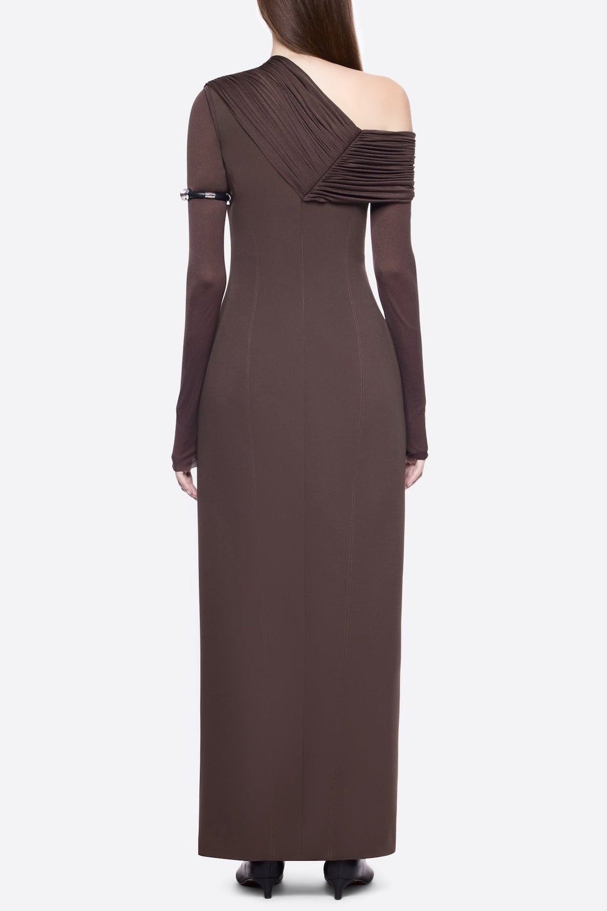 Sibyl Asymmetric Off-Shoulder Draping Slit Maxi Dress In Brown Flowering Girl