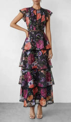 Black Floral Print Tiered Ruffle Maxi Dress Flowering Girl
