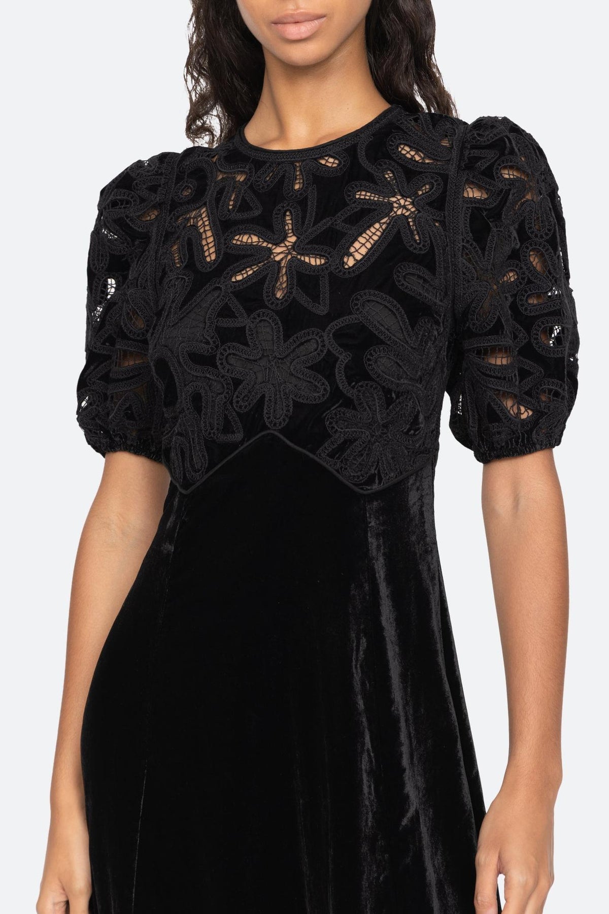 Velvet Puff Sleeve Embroidered Midi Dress In Black Flowering Girl