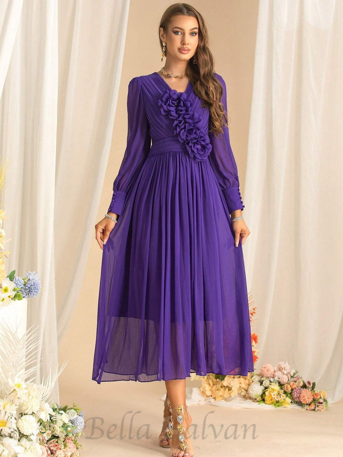 three-dimensional flower v-neck purple chiffon maxi dress Flowering Girl