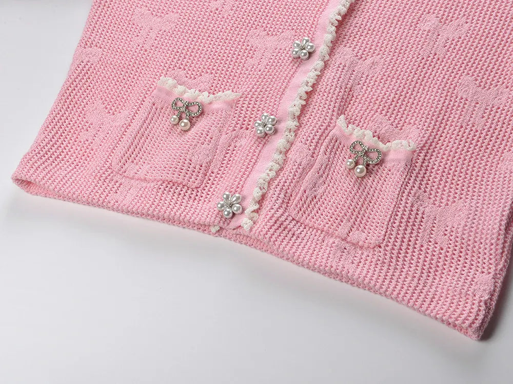 Joanna Knit Co-Ord Set With Pearl & Bow Detailing – Pink Flowering Girl