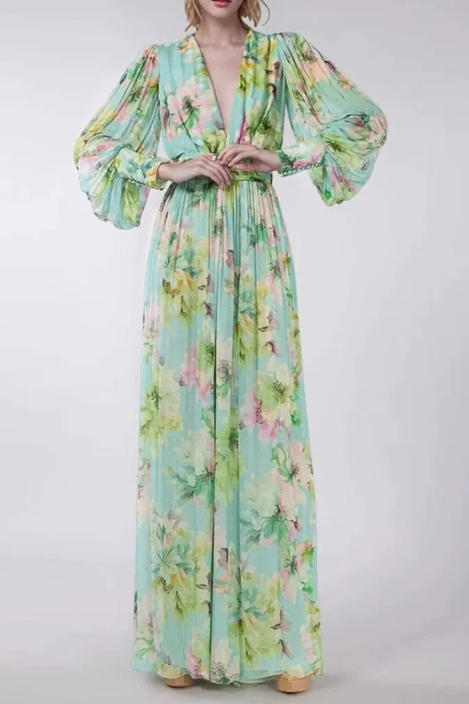V Neck Floral Print Chiffon Maxi Dress In Green Flowering Girl