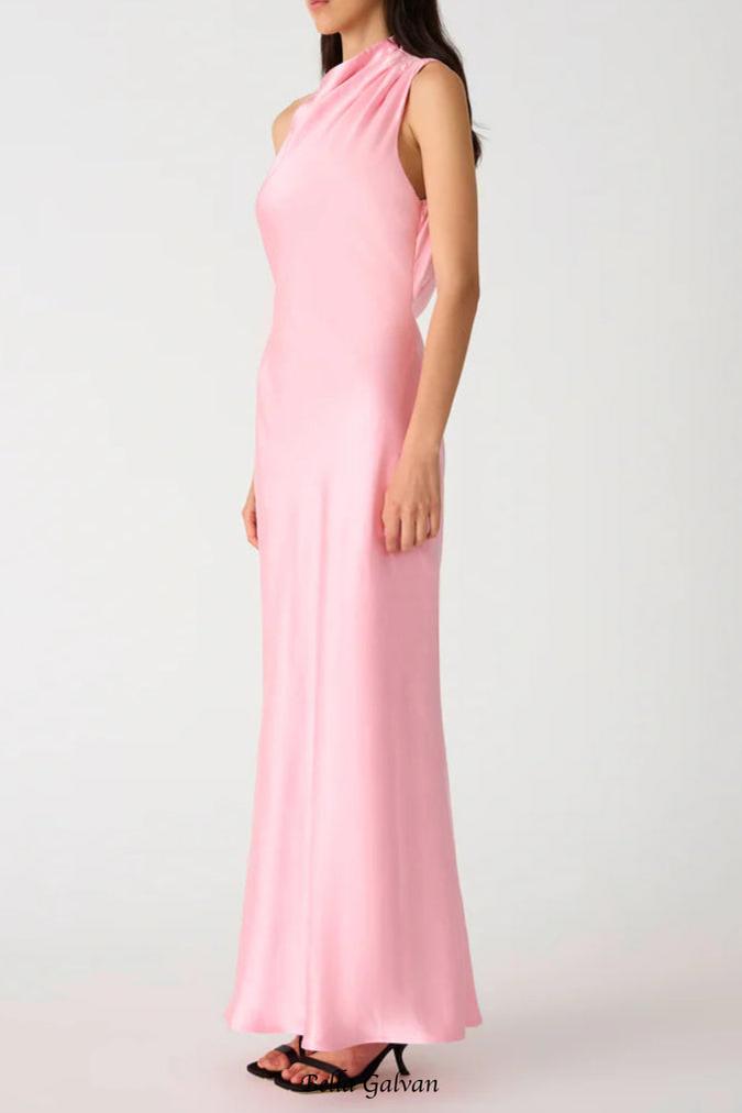 sleeveless backless satin maxi dress in pink Flowering Girl
