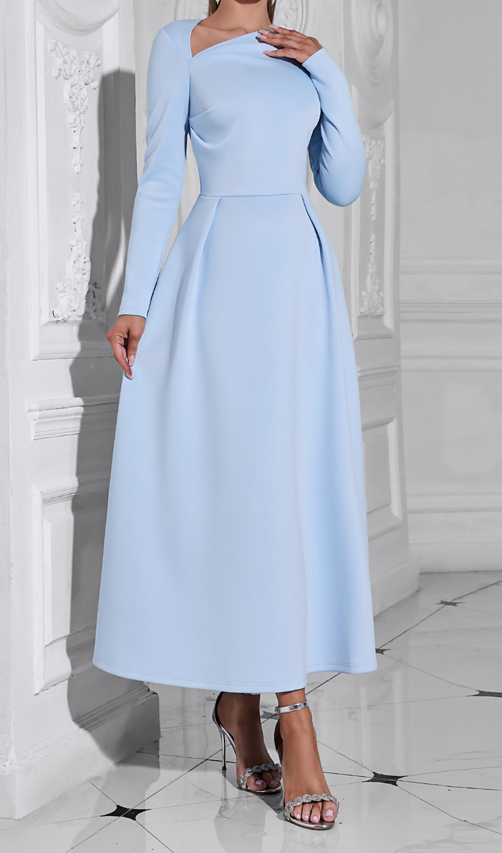 Long Sleeve Satin a-Line Maxi Dress In Blue Flowering Girl