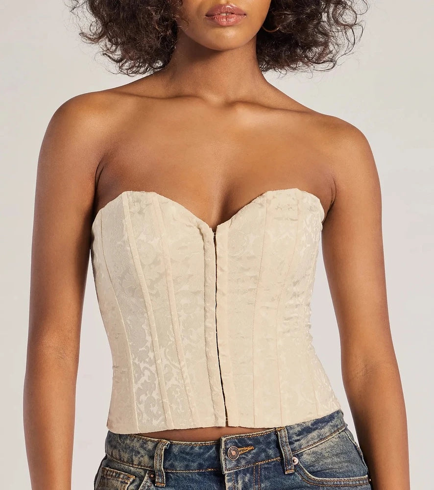 Brocade Satin Strapless Corset Top in white Flowering Girl