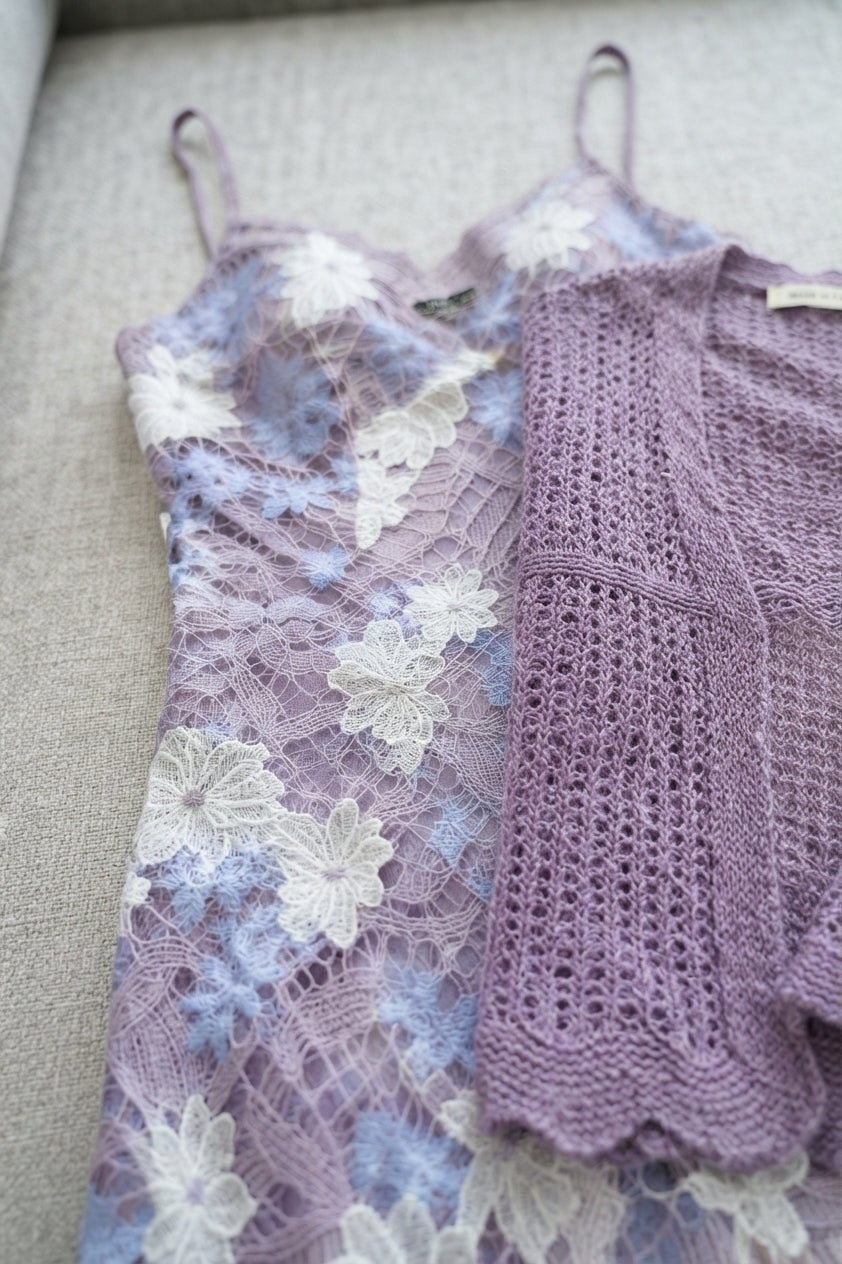 Lavender Purple Embroidered Mesh Overlay Dress with Solid Lining and Matching Knit Shrug Two-Piece Set Flowering Girl