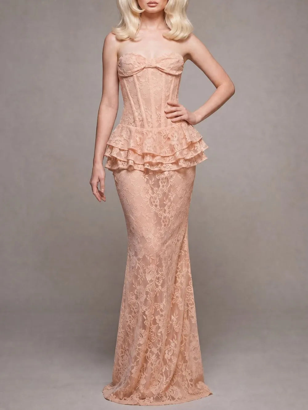 Strapless Nude Peplum Maxi Dress Nude Pink Flowering Girl