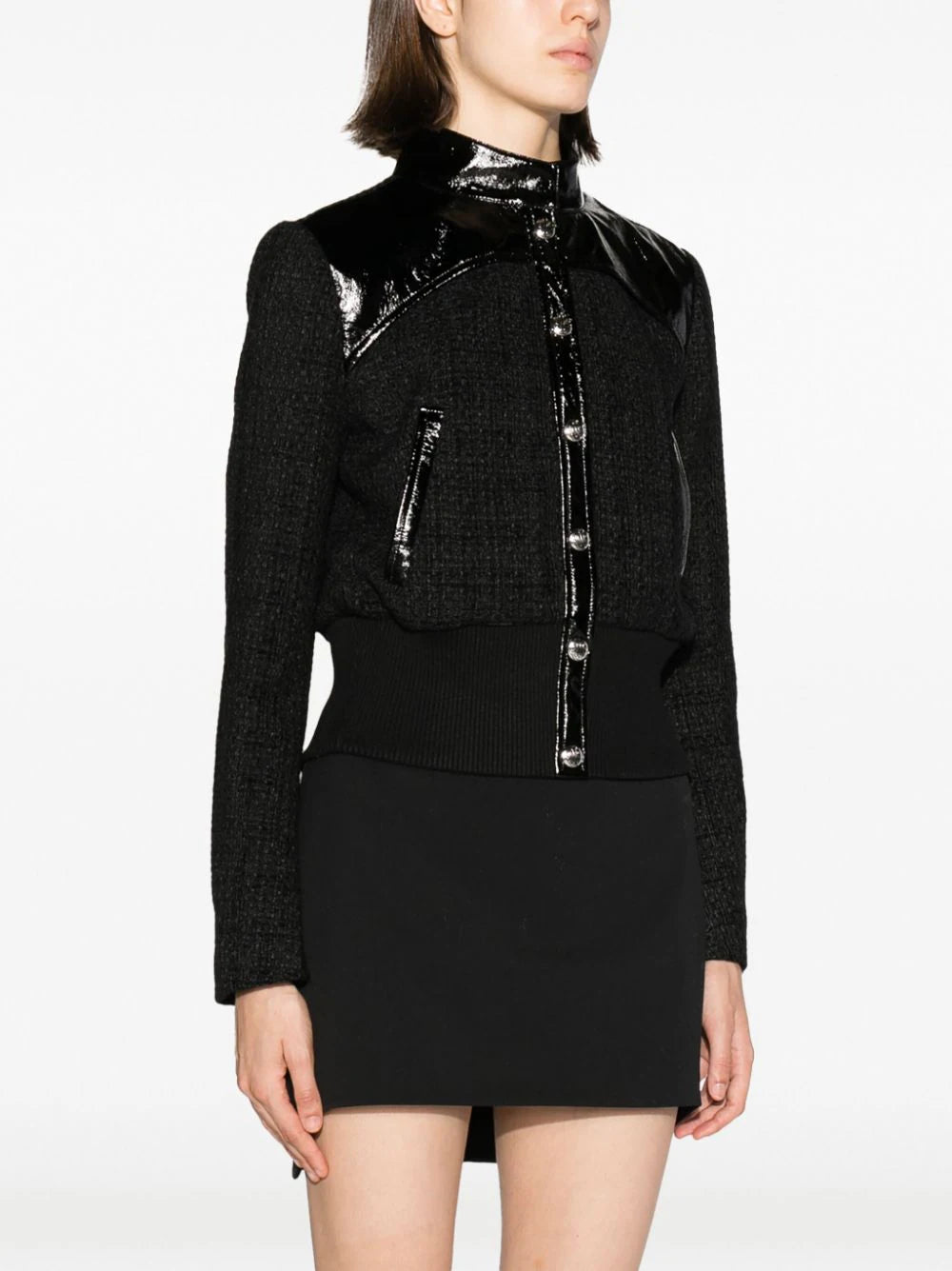 PATENT-TRIM TWEED BOMBER JACKET Flowering Girl