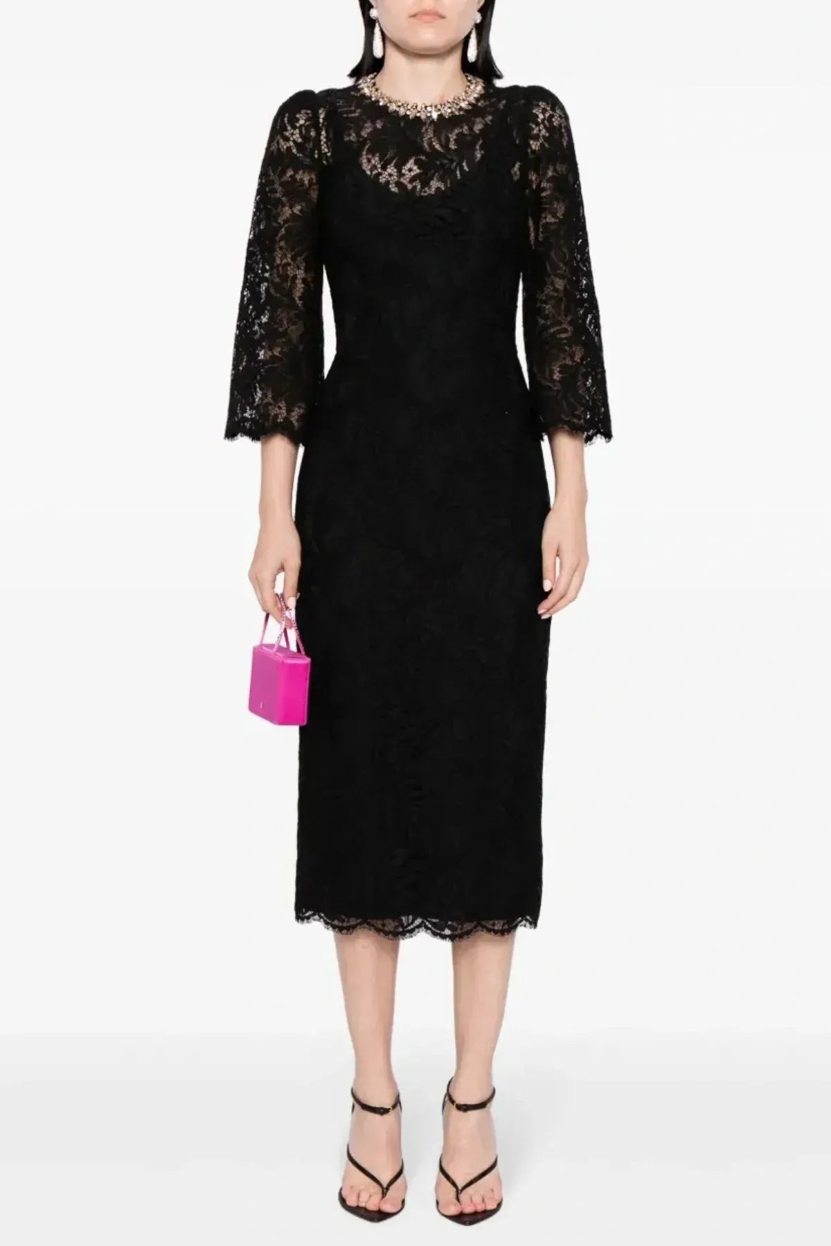Acotas Lace Crystal-Embellished Midi Dress - Black Flowering Girl