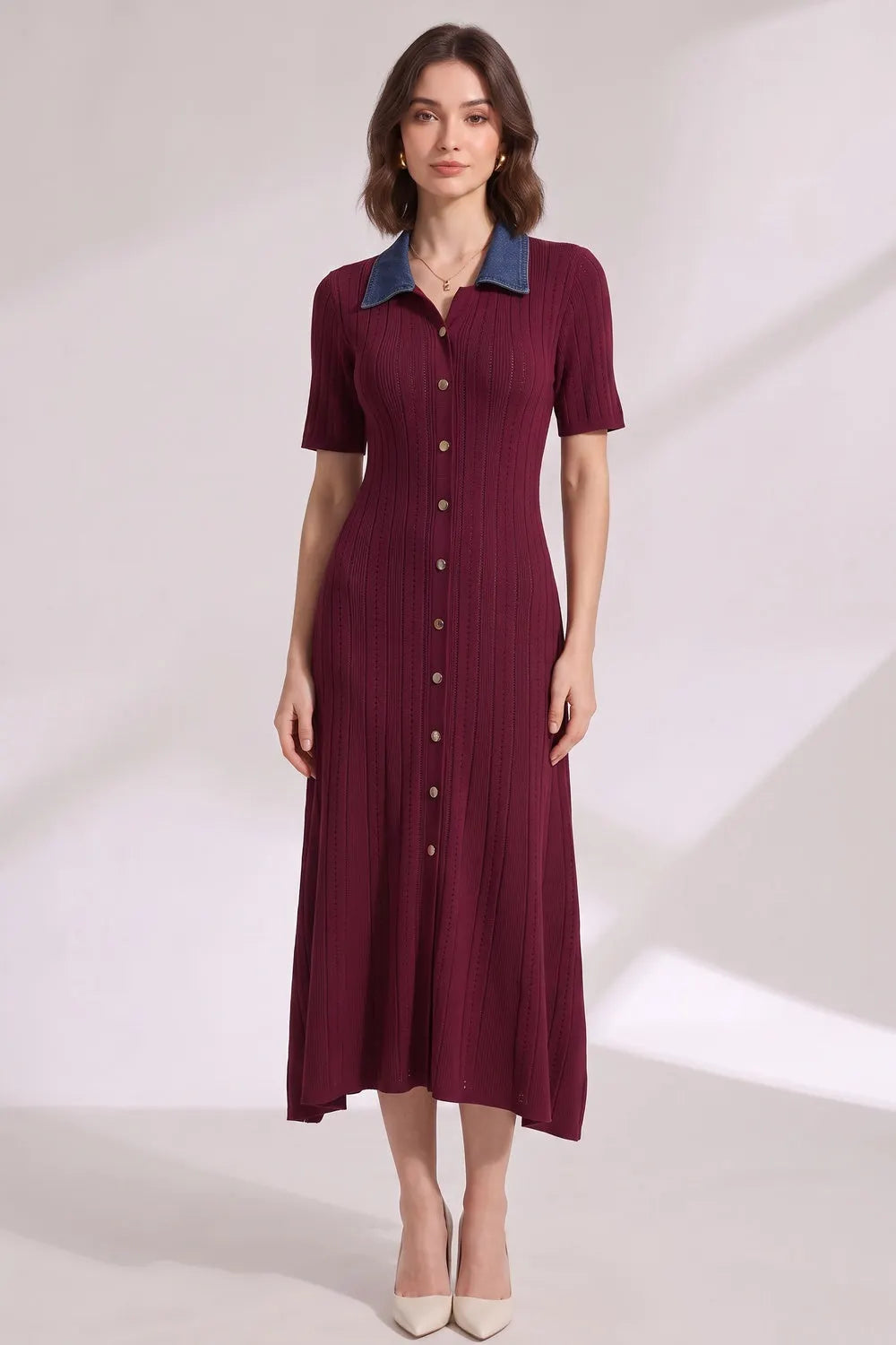 Burgundy Ribbed Knit A-Line Dress Flowering Girl