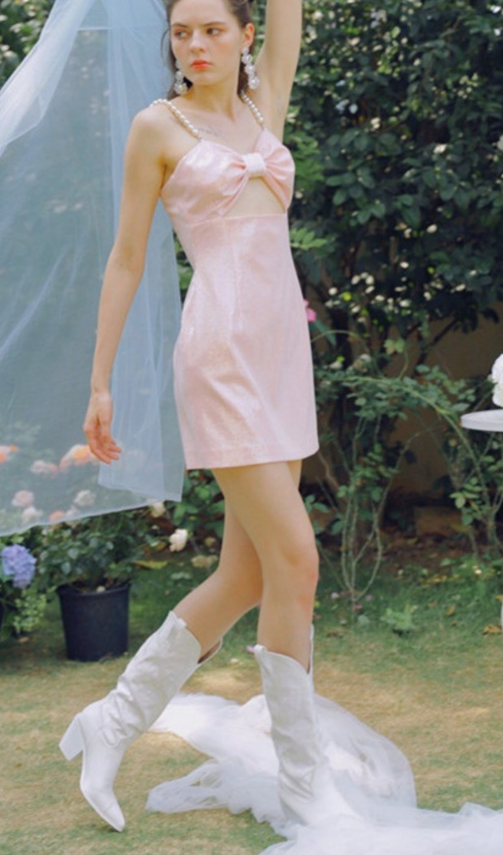 Pearl Strappy Satin Mini Dress In Pink Flowering Girl
