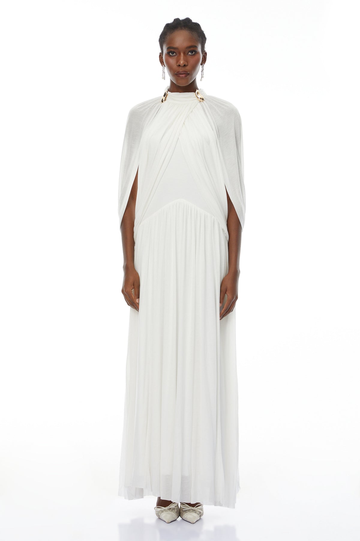 Leona White Draped Cape Sleeve Knit Maxi Dress Flowering Girl