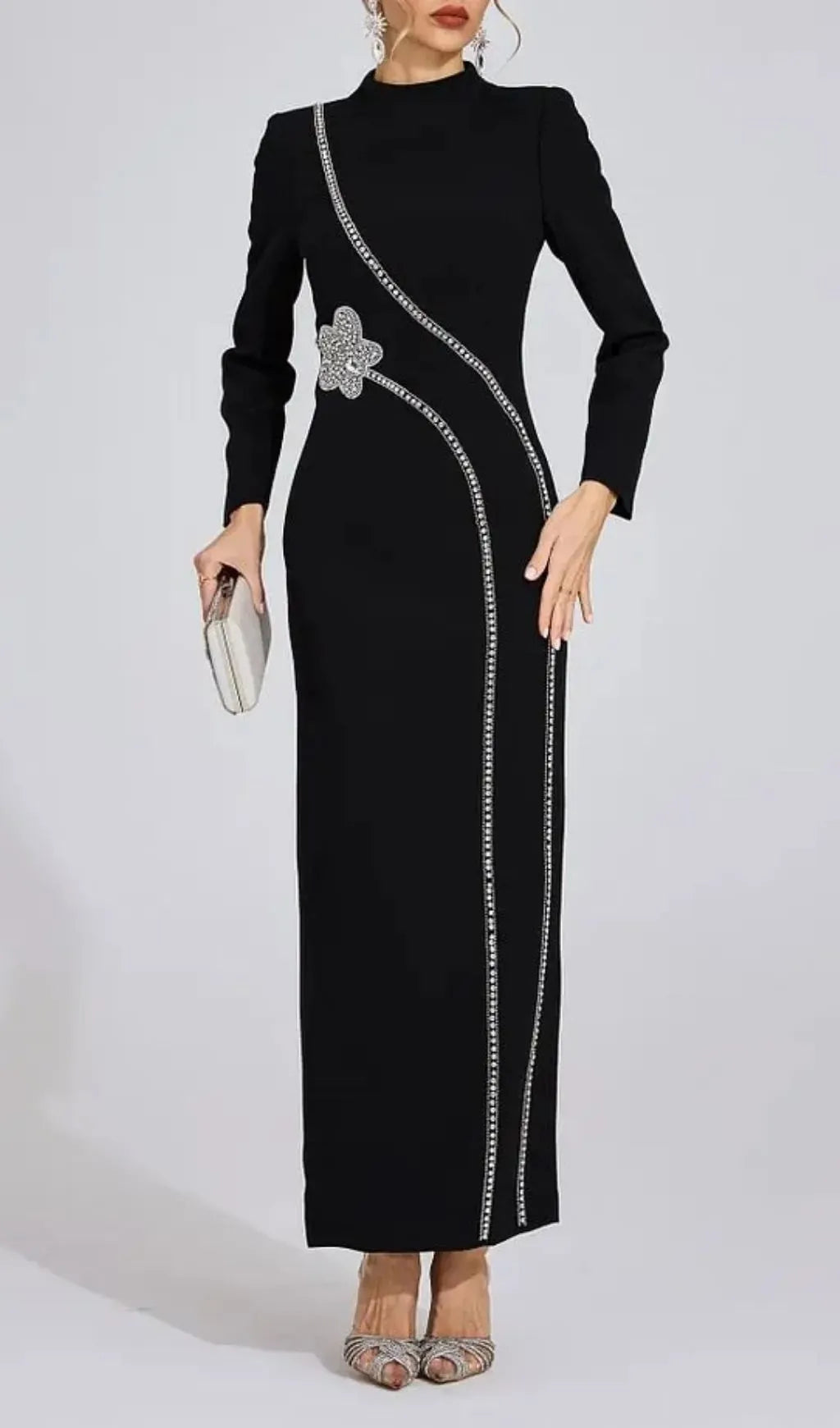 Nicola Diamond Embellished Long Sleeve Maxi Dress - Black Flowering Girl