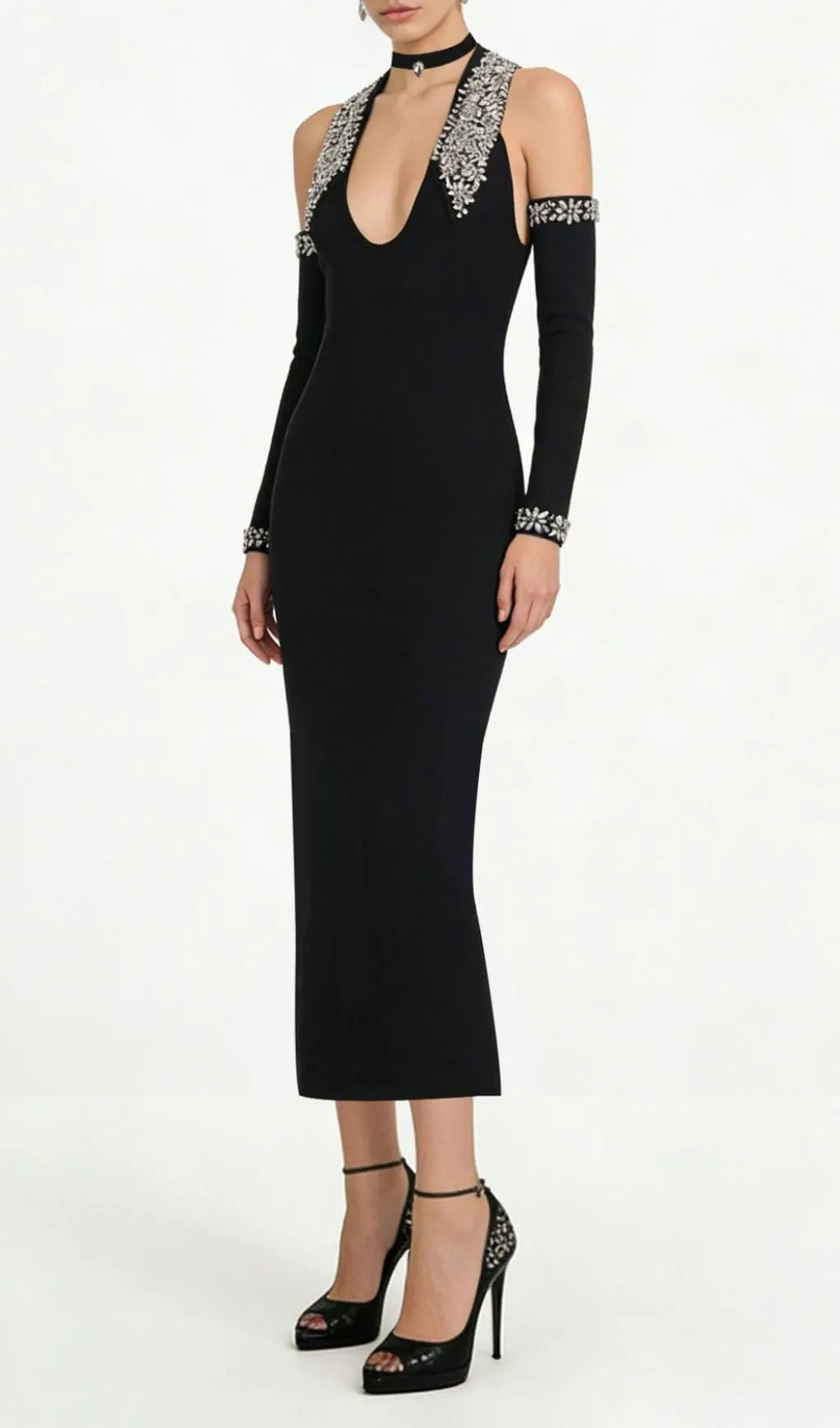 Jeneal Black Halter Diamante Midi Bandage Dress Flowering Girl