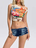 Brinova One Shoulder Printed Crop Top Flowering Girl