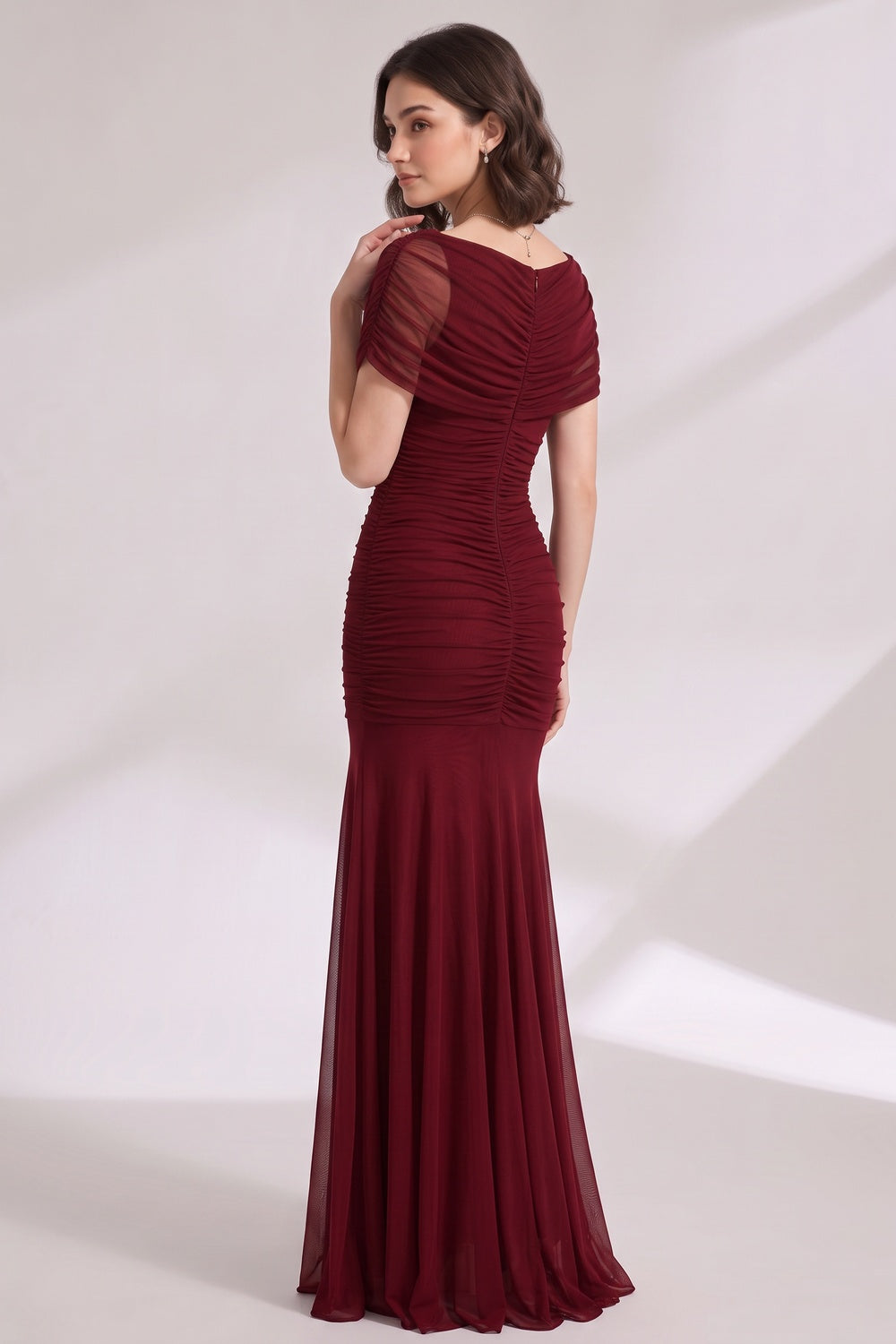 Burgundy Mesh Mermaid Evening Gown Flowering Girl