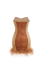 Kazuhito Strapless Diamante Ruched Feather Mini Dress Flowering Girl