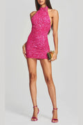 Sequin Halter Backless Mini Dress In Pink Flowering Girl