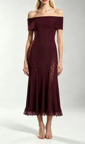 Kie Wine Off-Shoulder Lace Knit Midi Dress Flowering Girl