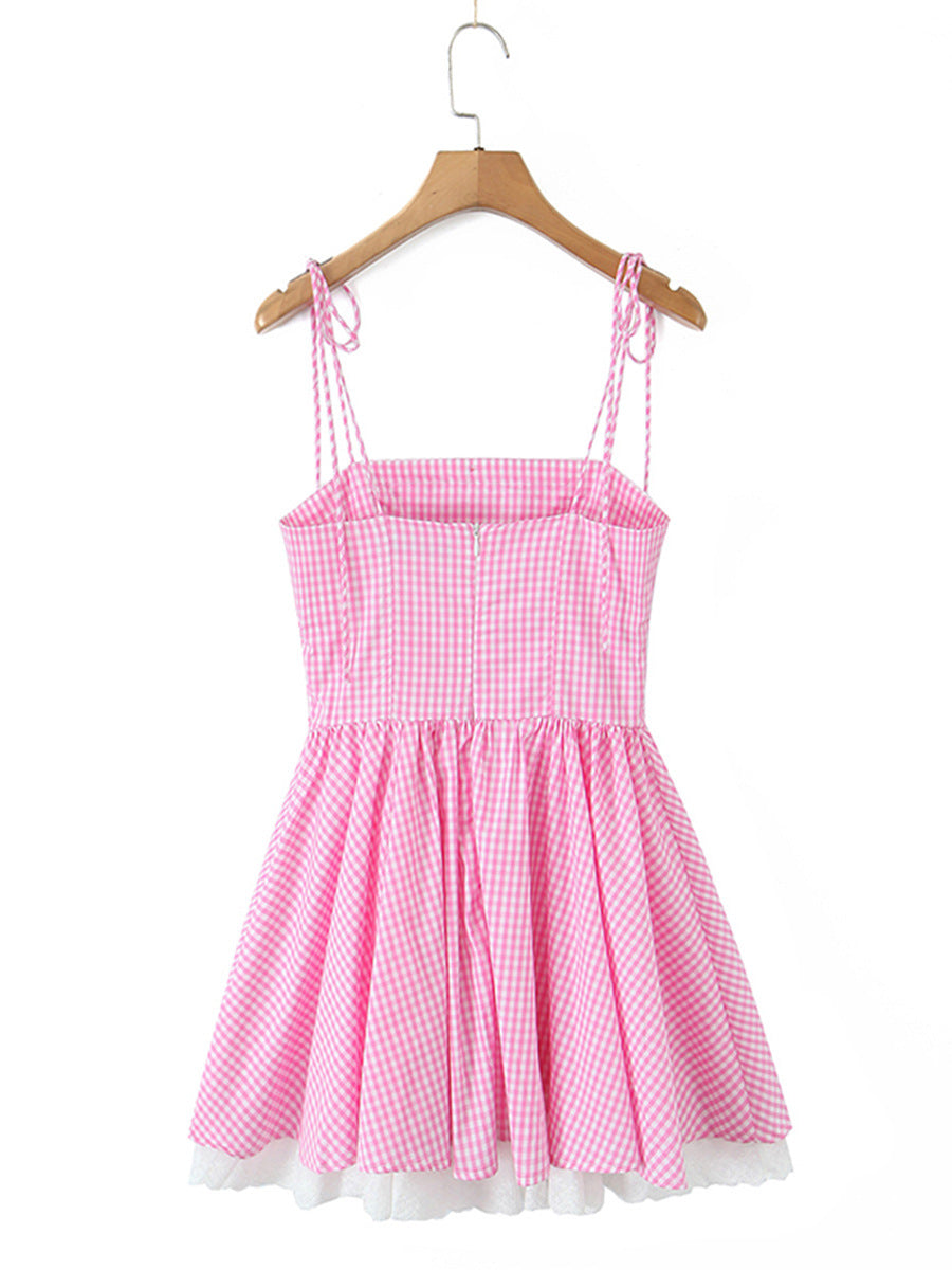 Joyce Grid Strap Mini Dress In Pink Flowering Girl