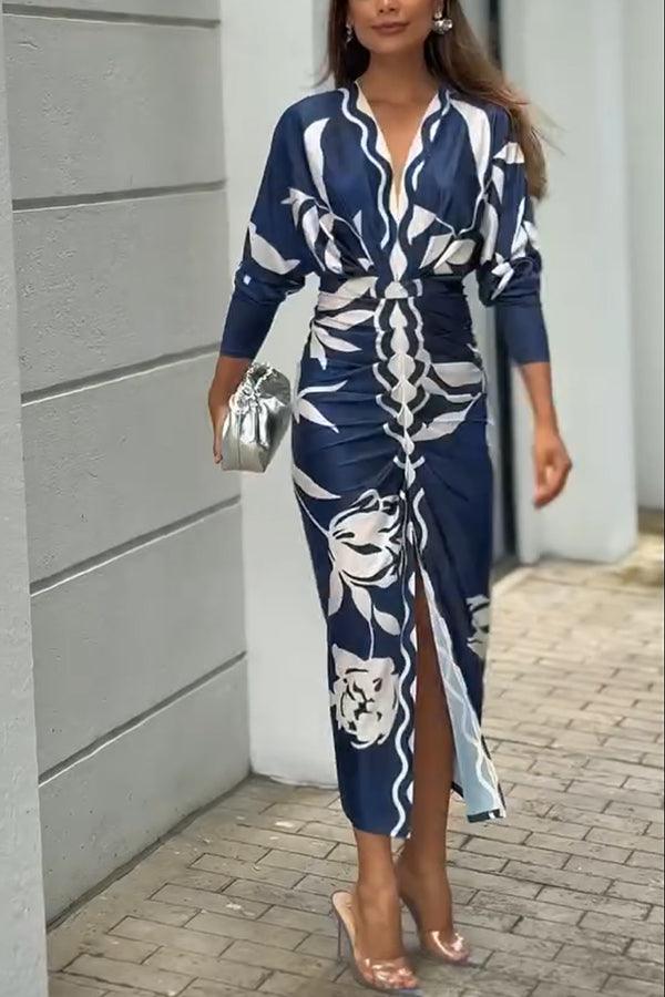 Unique Print Dolman Long Sleeve Ruched Slit Midi Dress Flowering Girl