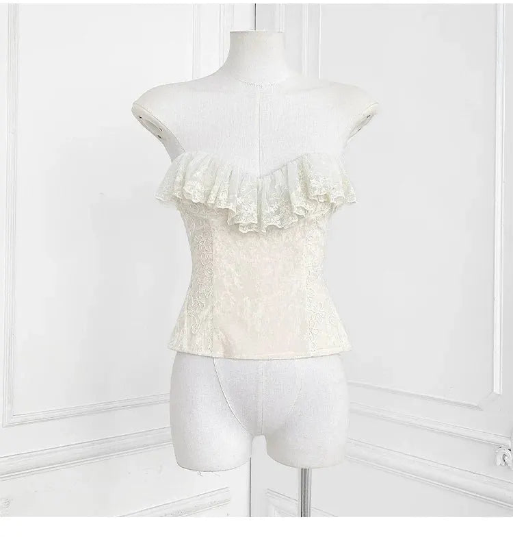 Strapless Ruffle Lace Trim Velvet Jacquard Corset Top Flowering Girl