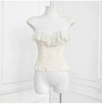 Strapless Ruffle Lace Trim Velvet Jacquard Corset Top Flowering Girl