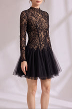 Black Sheer Lace High Neck Long Sleeve Tulle Mini Dress Flowering Girl
