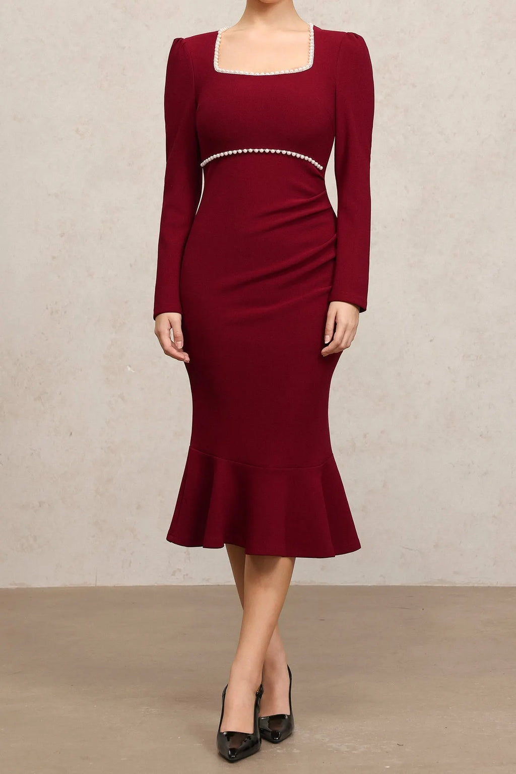 Miriam Claret Square Collar Long Sleeves Fishtail Pearl Midi Dress Flowering Girl