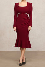 Miriam Claret Square Collar Long Sleeves Fishtail Pearl Midi Dress Flowering Girl