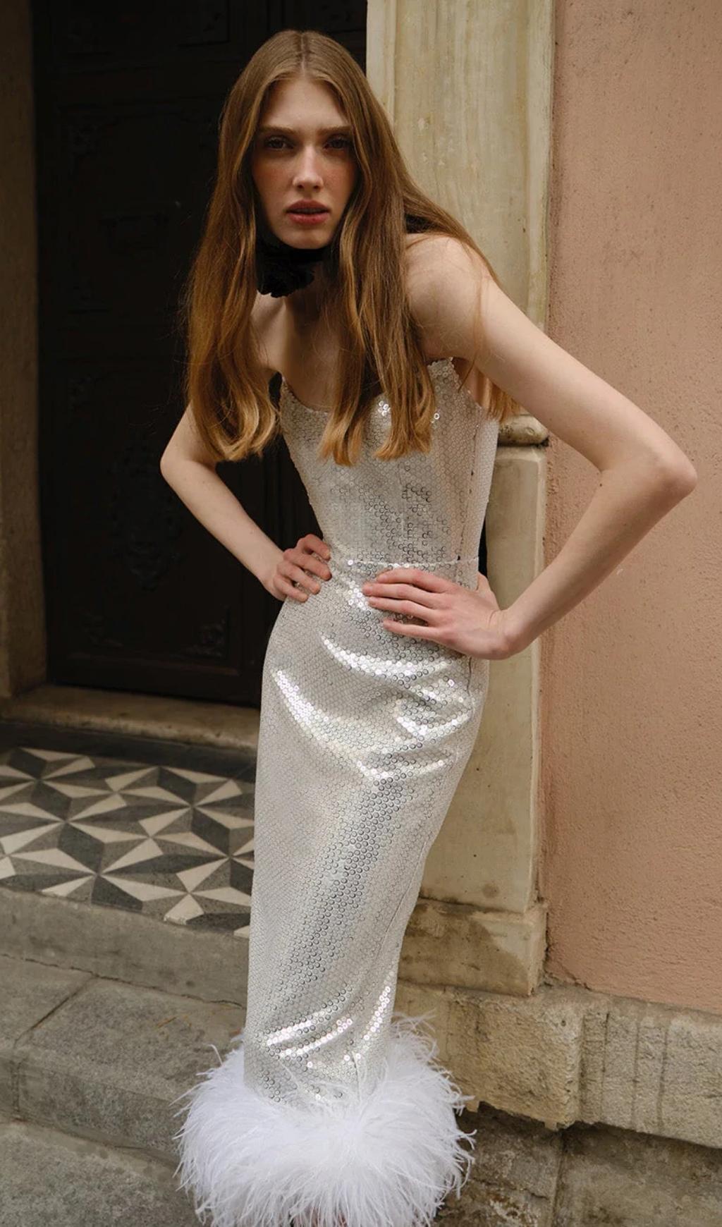 Sequin Feather Midi Dress In White Flowering Girl