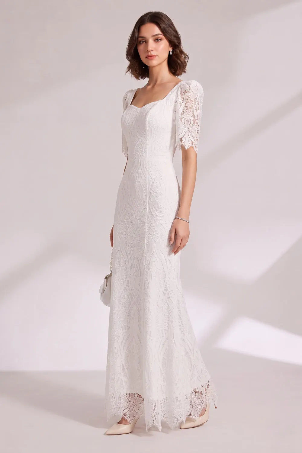 White Lace Floor-Length Dress with Puff Sleeves Flowering Girl