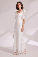 White Lace Floor-Length Dress with Puff Sleeves Flowering Girl