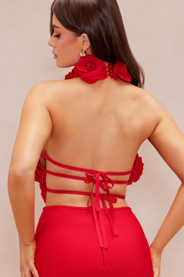 Halter 3d Flower Hollow Out Backless Maxi Dress In Red Flowering Girl