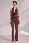 Chocolate Brown Lace Fitted Halter Top With Cowl Neck; Slim-Fit Pants Flaring From The Knee Two-Piece Set (halter top and matching pants) Flowering Girl