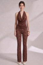 Chocolate Brown Lace Fitted Halter Top With Cowl Neck; Slim-Fit Pants Flaring From The Knee Two-Piece Set (halter top and matching pants) Flowering Girl