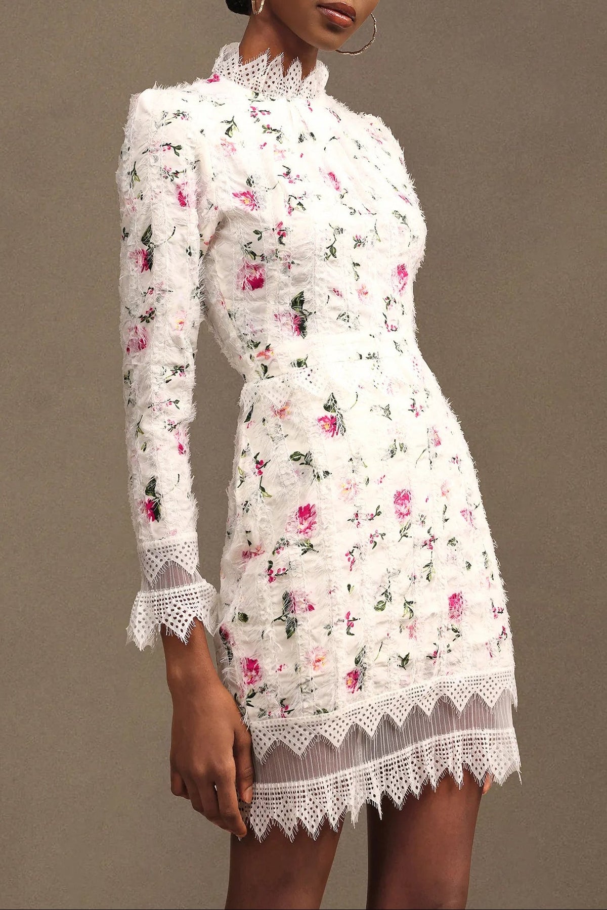 Sebastiane Lace-Trim Long-Sleeve Floral Midi Dress In White Flowering Girl