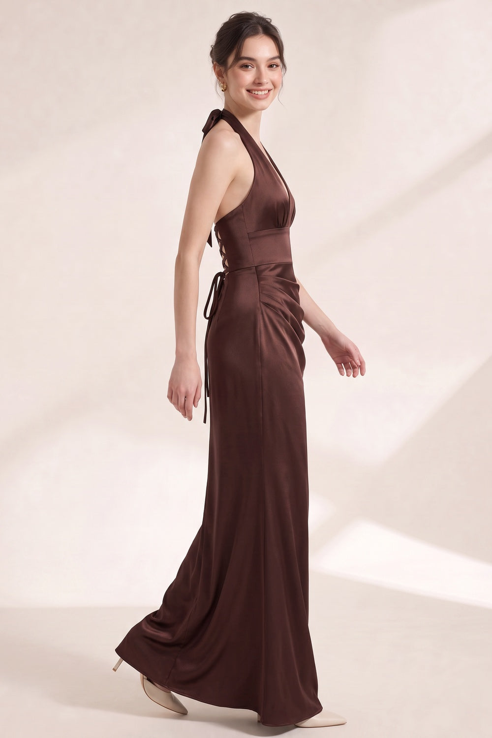 Chocolate Brown Satin Fitted Column Gown Flowering Girl