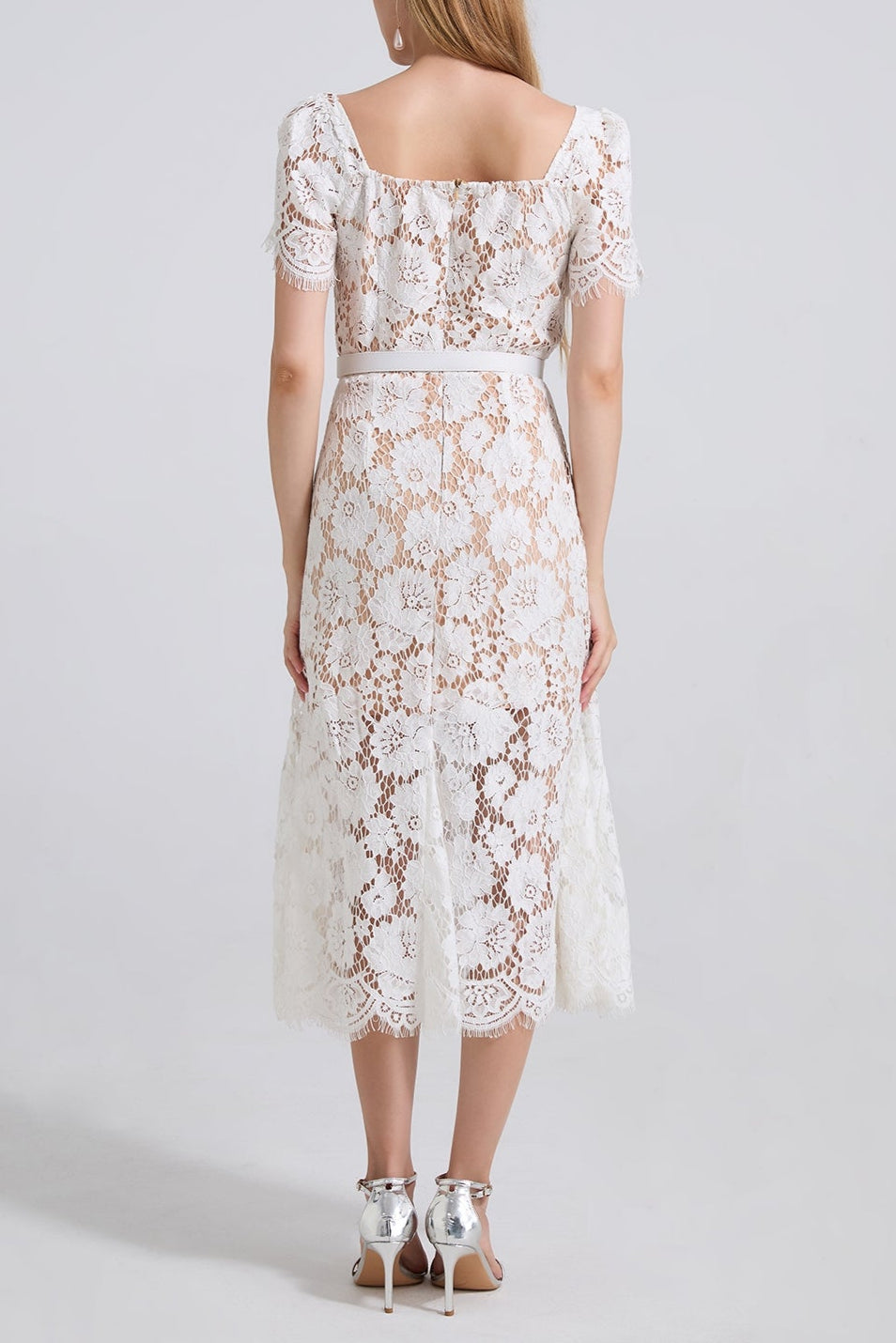 SQUARE NECK LACE MIDI DRESS IN WHITE Flowering Girl