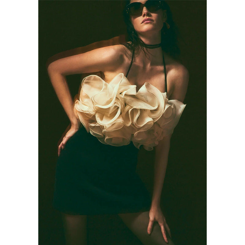 Rosemary Ruffle Backless Mini Dress In Black Flowering Girl