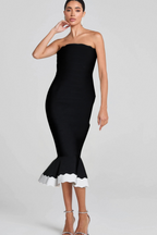 Strapless Bandage Bodycon Midi Dress In Black Flowering Girl